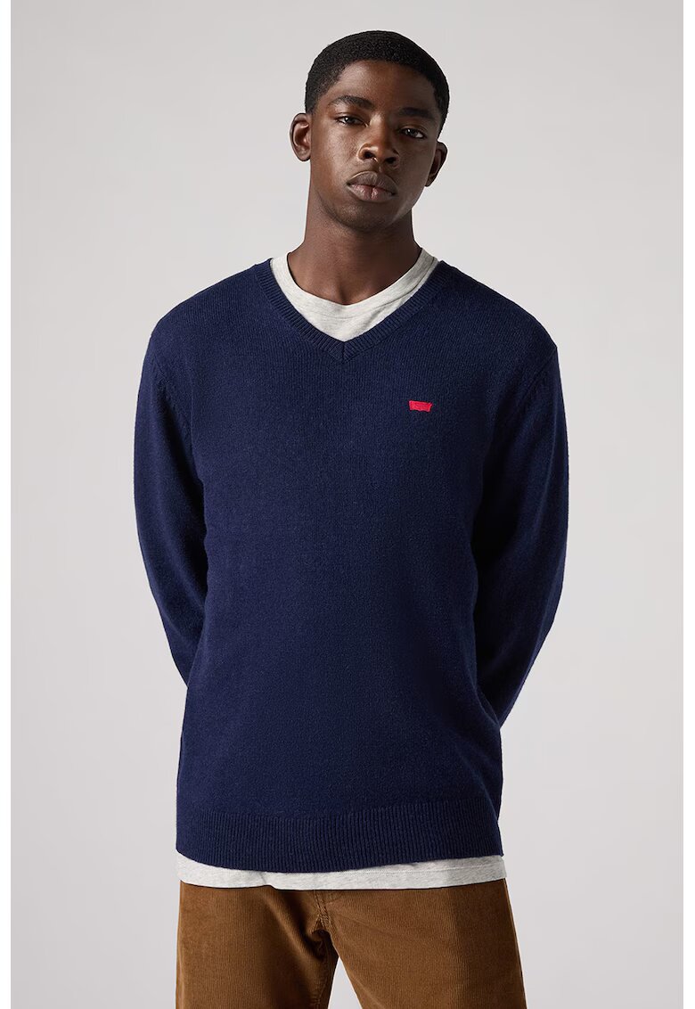 Levi's Pulover din amestec de lana cu decolteu in V - Rosu/Bleumarin