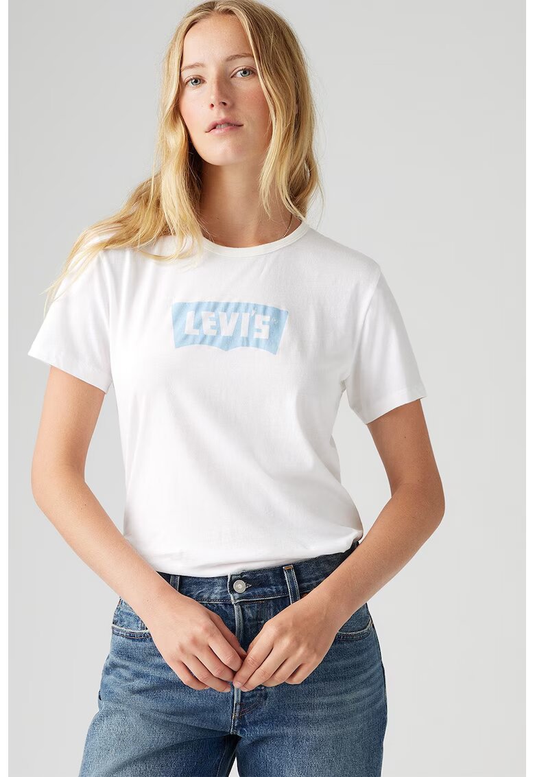 Levi's Tricou cu decolteu rotund si imprimeu logo - Albastru pastel/Alb optic