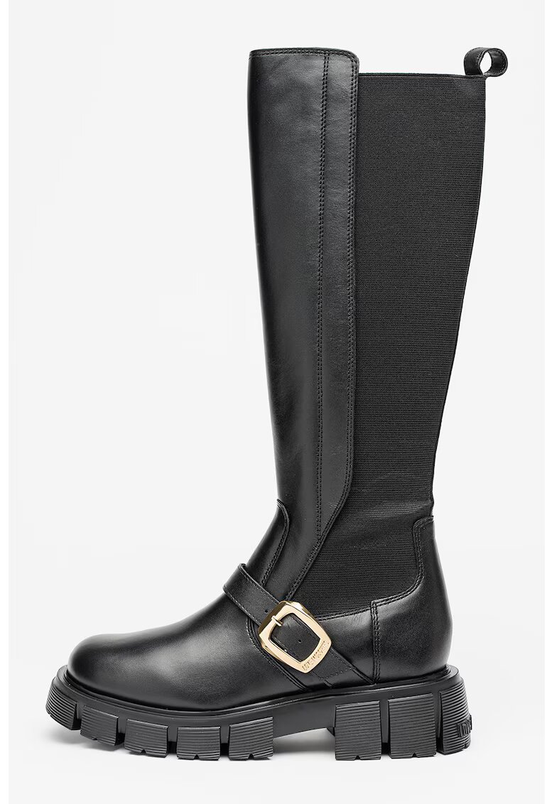 Love Moschino Cizme inalte pana la genunchi din piele cu segmente din material textil - Negru