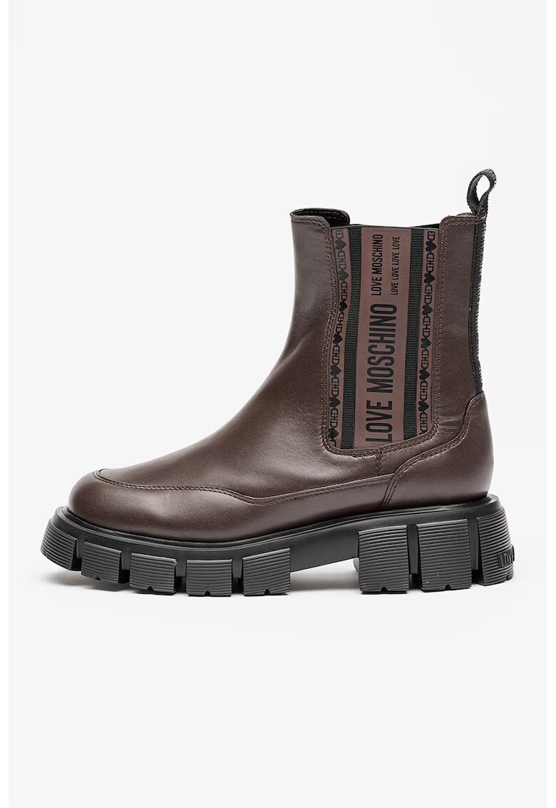 Love Moschino Ghete Chelsea din piele cu segmente laterale elastice - Maro cognac