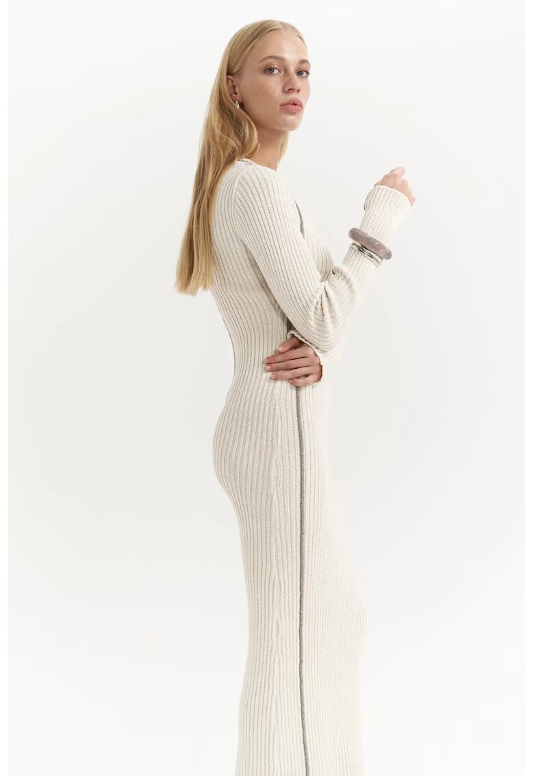 Mai Collection Rochie Maxi - detalii cu dungi - bej natural - tricot -