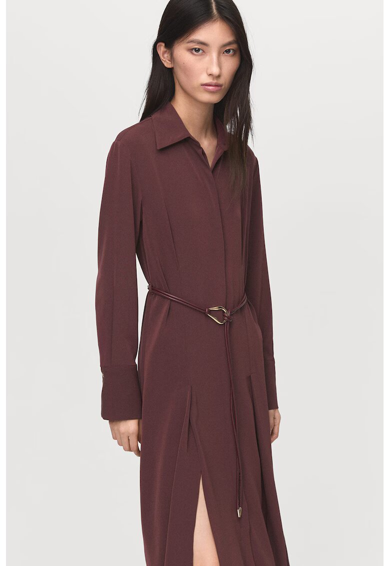 Mango Rochie-camasa cu o curea din piele ecologica - Maro cognac