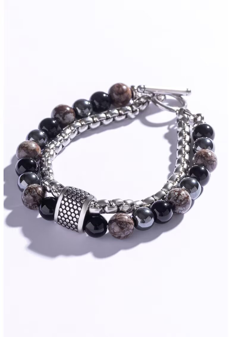 Marc Malone Bratara cu siraguri duble si decorata cu obsidian si hematite - Negru/Maro/Gri