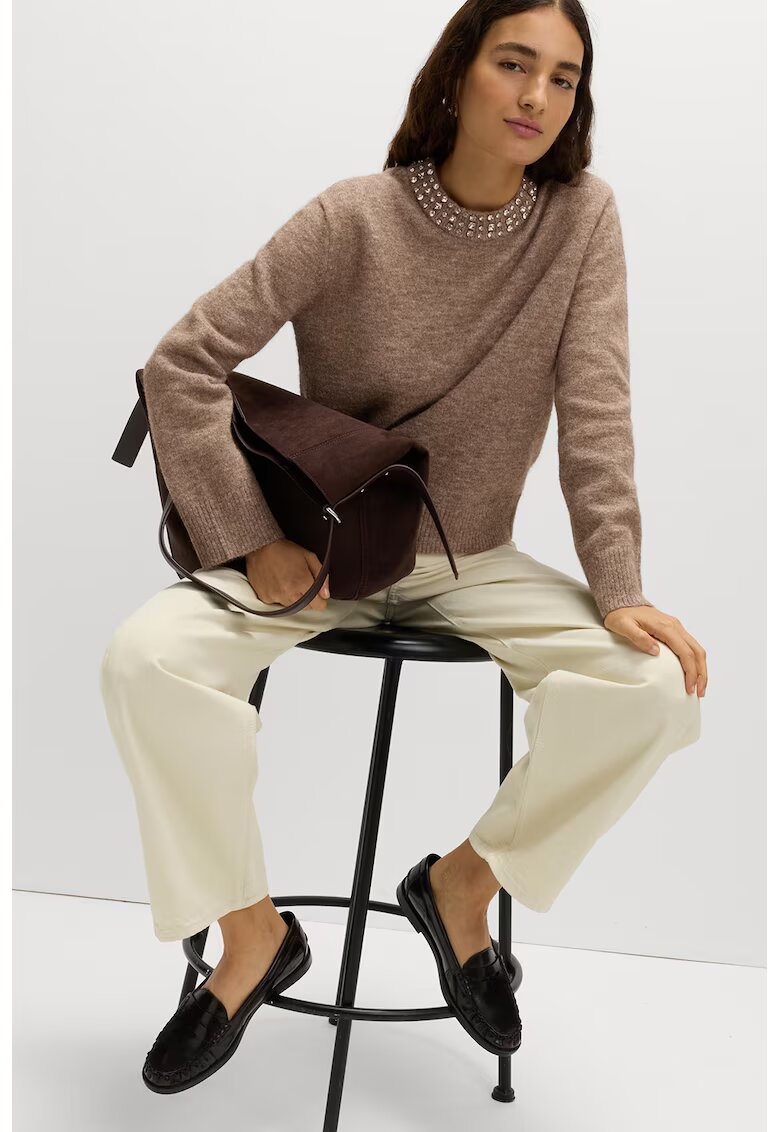 Marks  Spencer Pulover din amestec de lana cu strasuri la decolteu - Maro nisip
