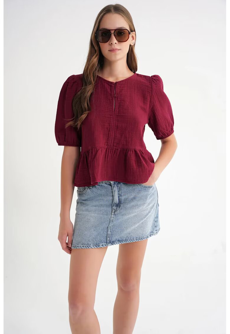 Mixray Bluza dama HiCCUP din muselina - burgundy - cu guler rotund si inchidere cu nasturi