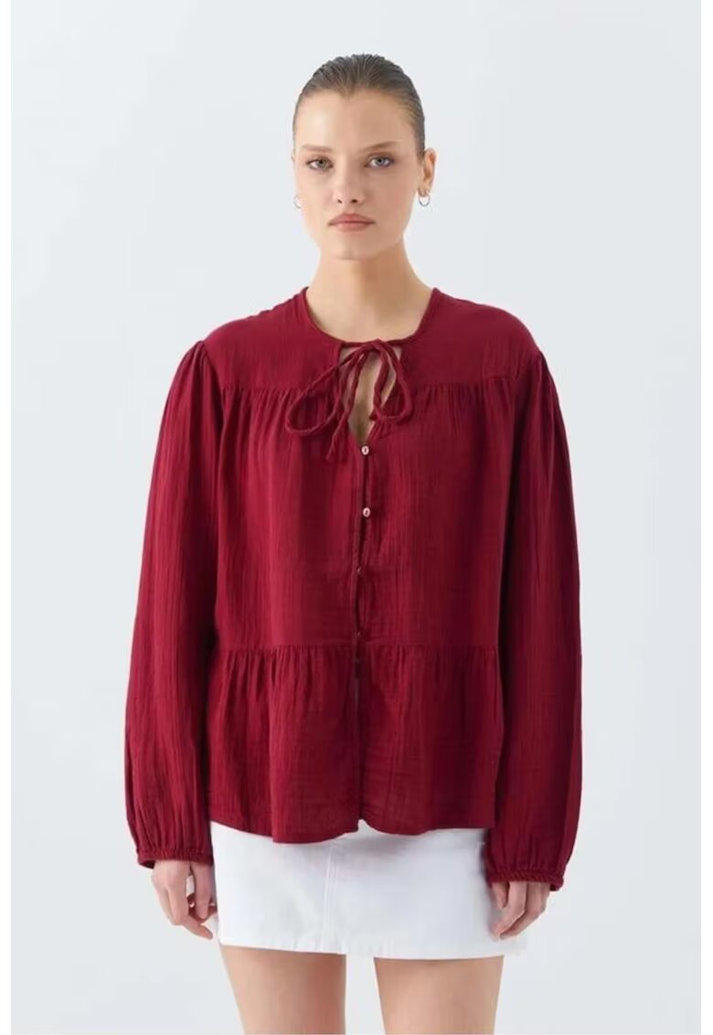 Mixray Camasa dama - bluza cu maneca lunga - croiala relaxata - rosu burgundy - textil