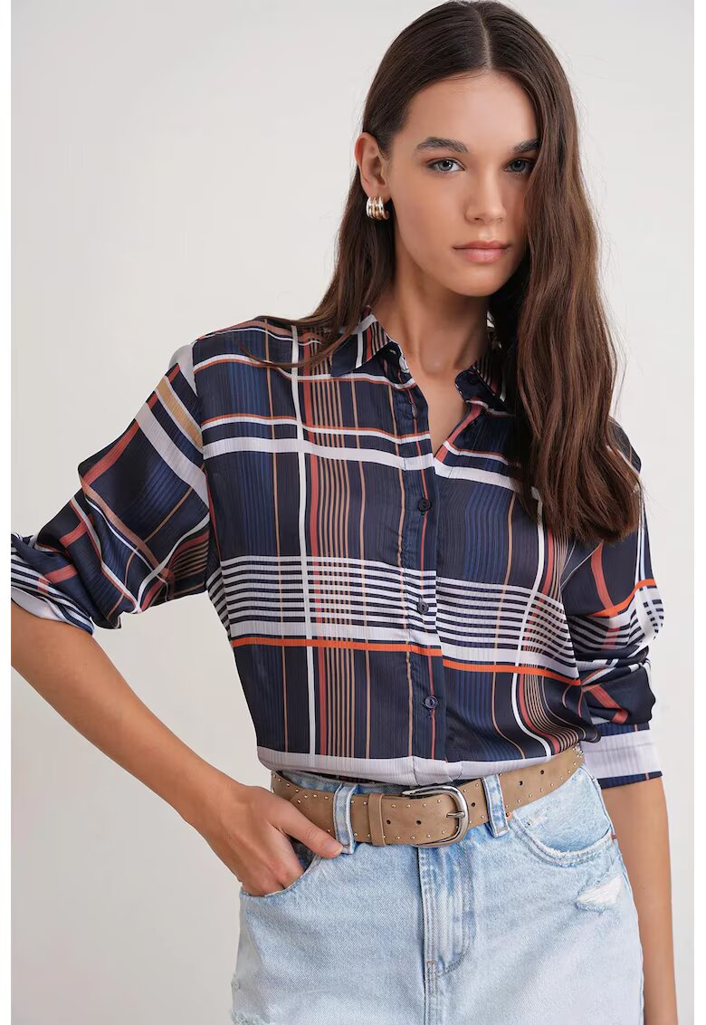 Mixray Camasa dama - camasa din satin cu nasturi - bleumarin - textil
