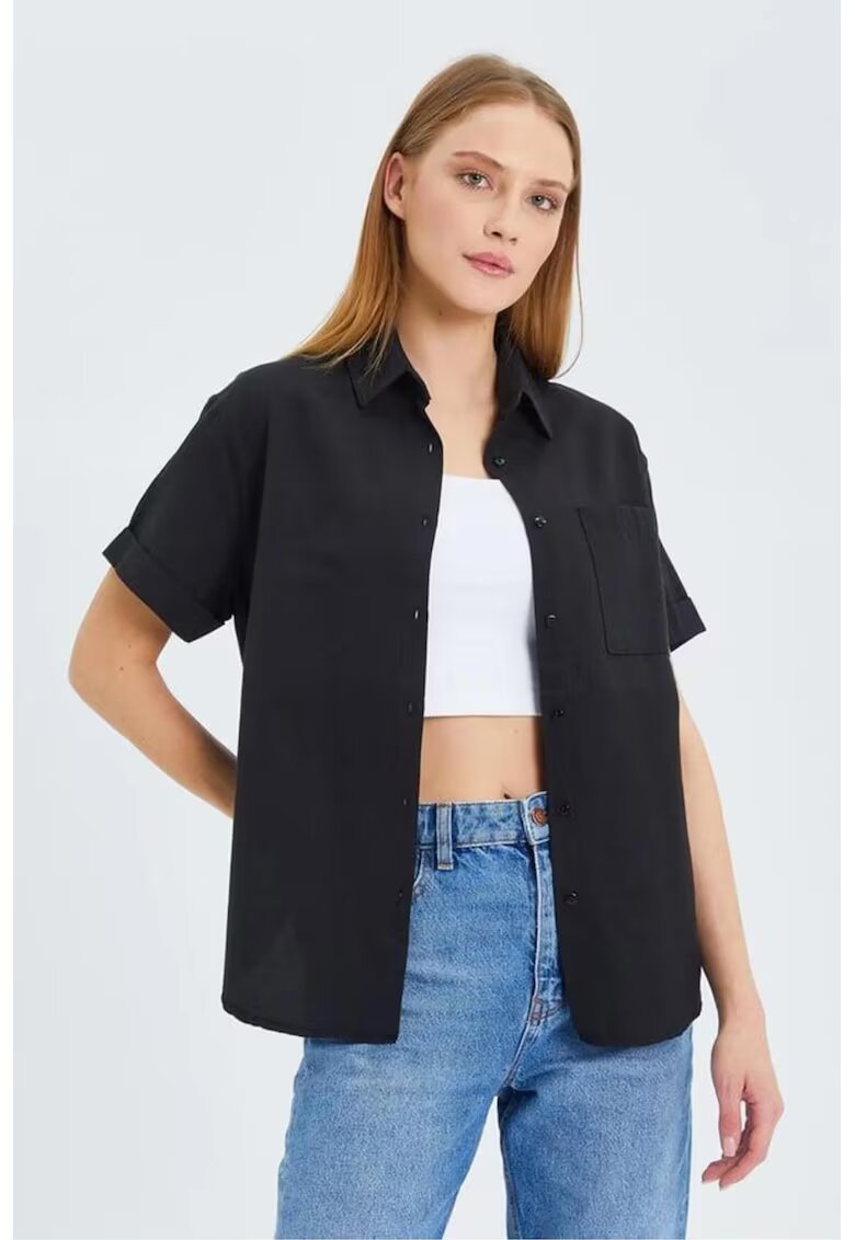 Mixray Camasa dama - camasa poplin Slim Fit cu buzunar - negru - textil