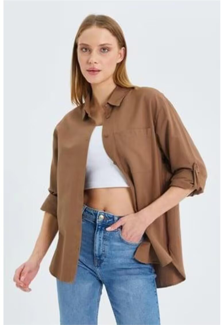 Mixray Camasa dama - cu maneca lunga - buzunar - bej natural - textil