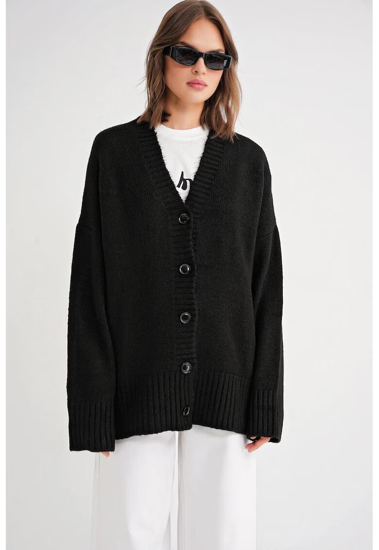 Mixray Cardigan - cu nasturi - decolteu in V - negru - tricot -
