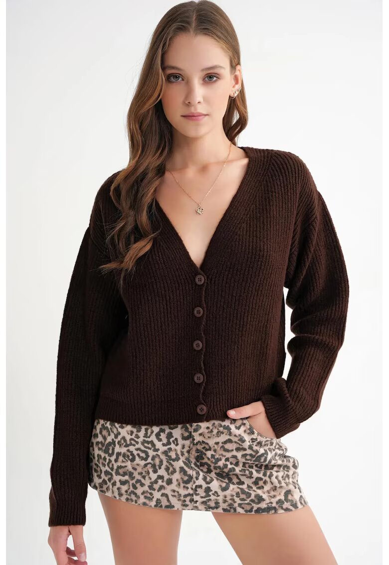 Mixray Cardigan dama - cu nasturi - decolteu in V - tricot - maro inchis -