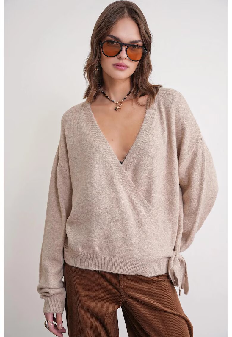 Mixray Cardigan - decolteu in V - legatura in fata - bej natural - tricot - One Size