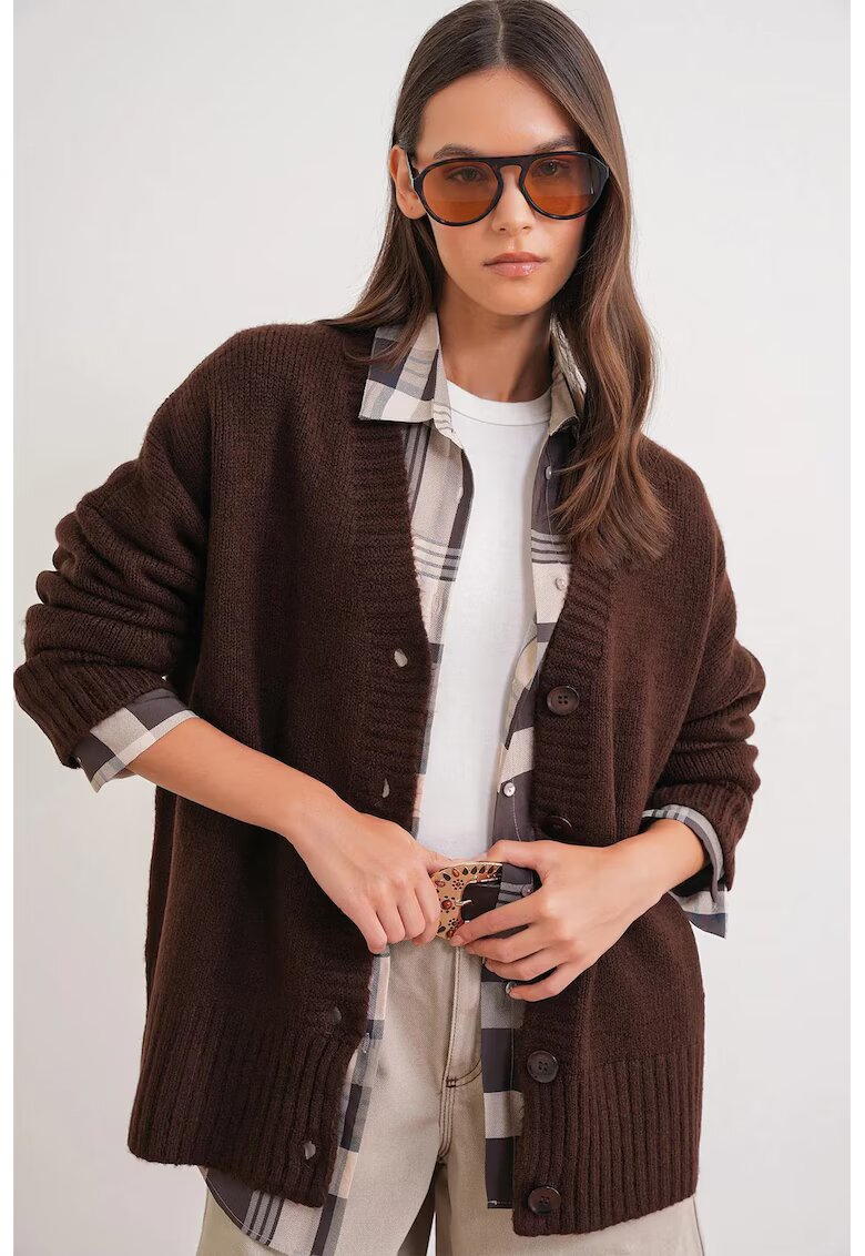 Mixray Cardigan - decolteu in V - maro - tricot -