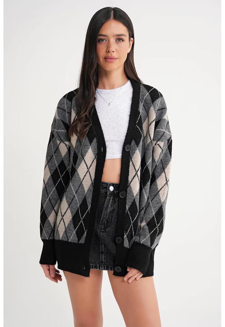 Mixray Cardigan - Oversize - model Argyle - decolteu in V - negru - tricot -