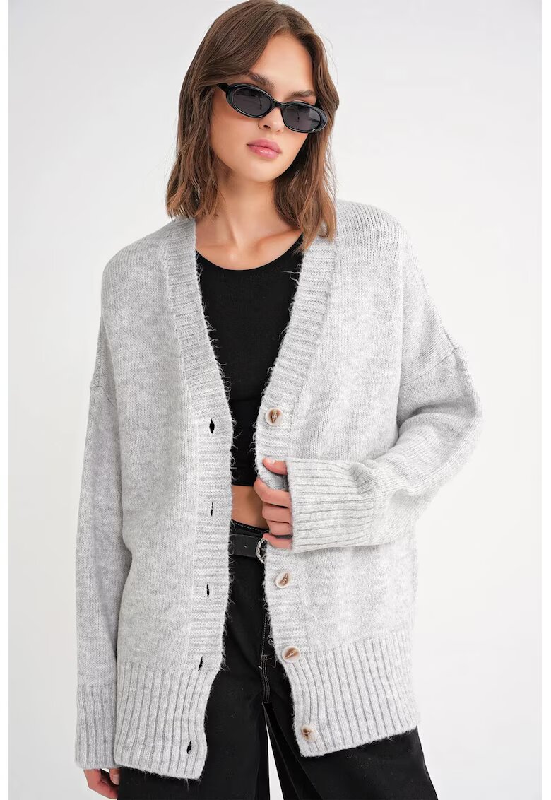 Mixray Cardigan tricotat - nervuri - decolteu in V - gri - tricot -