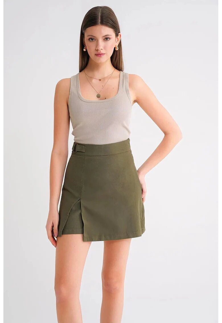 Mixray Fusta Mini verde kaki - textil - cu slit - Kaki