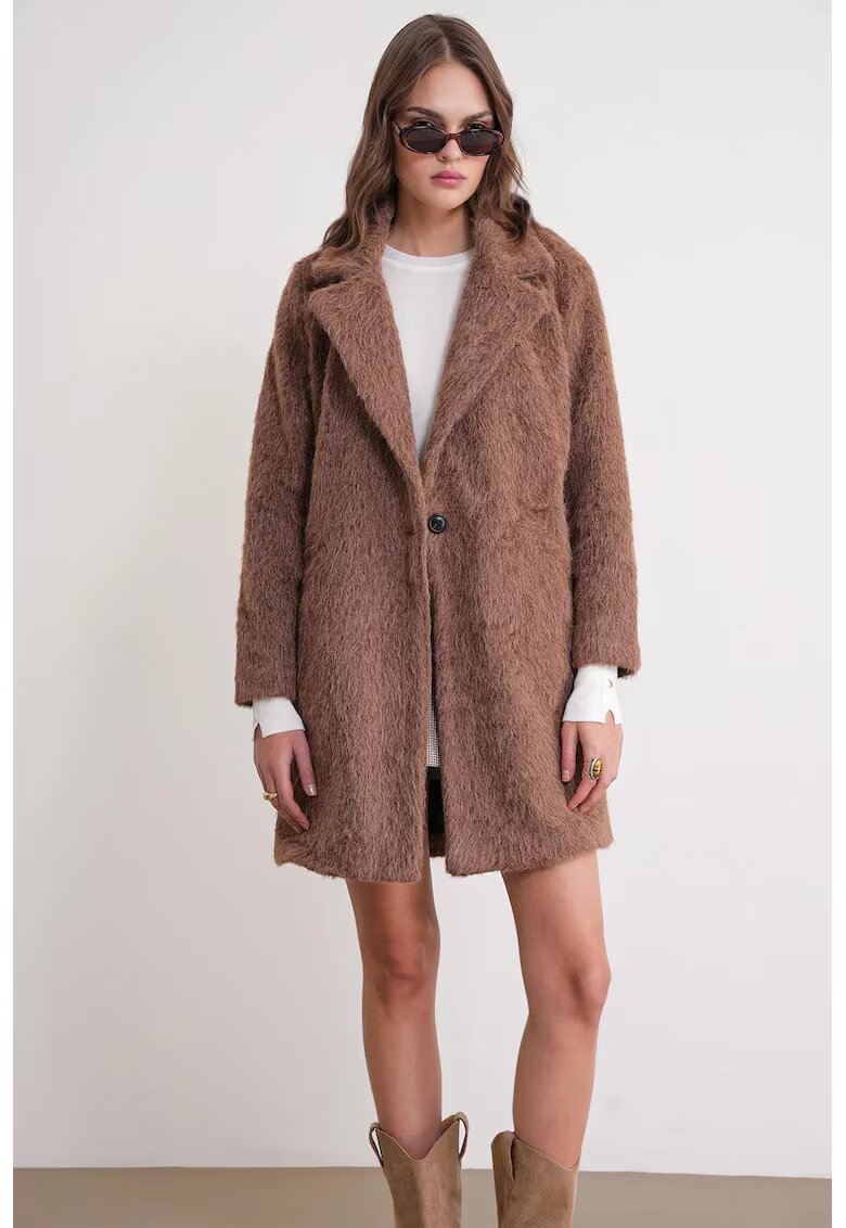 Mixray Palton lung texturat - guler de jacheta - maro mocha - textil