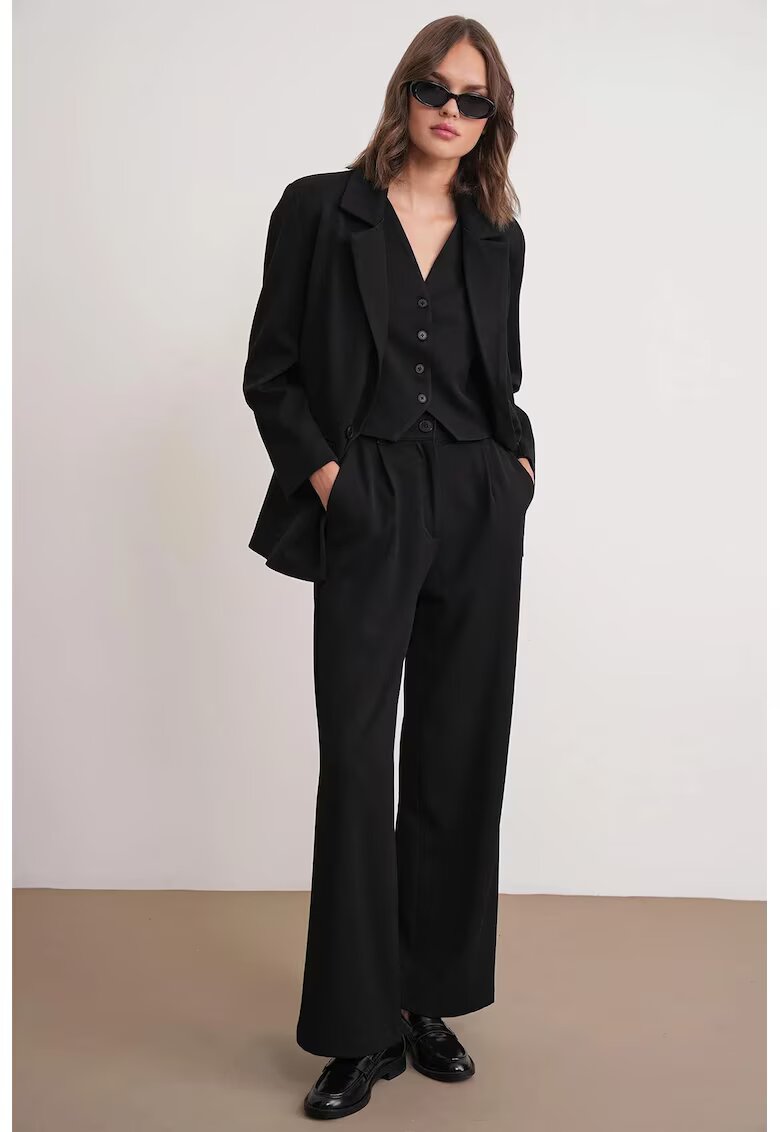 Mixray Pantaloni dama - Palazzo plisati - buzunare - negru - textil