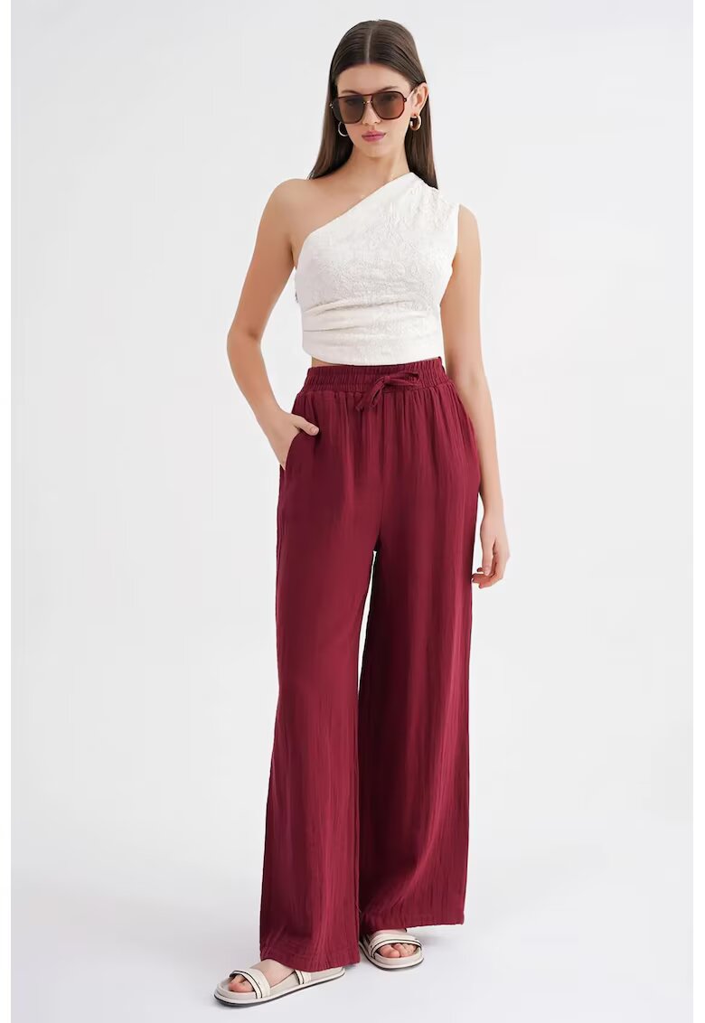 Mixray Pantaloni dama - talie inalta - textil - rosu burgundy - muselina texturata