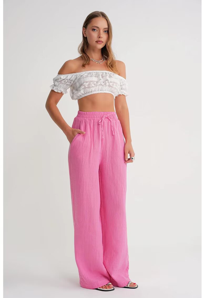 Mixray Pantaloni dama - talie inalta - textil - roz muselina texturata - Roz pudrat