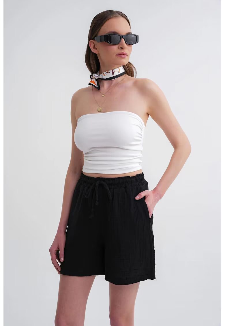 Mixray Pantaloni scurti dama - bumbac texturat - talie inalta - negru