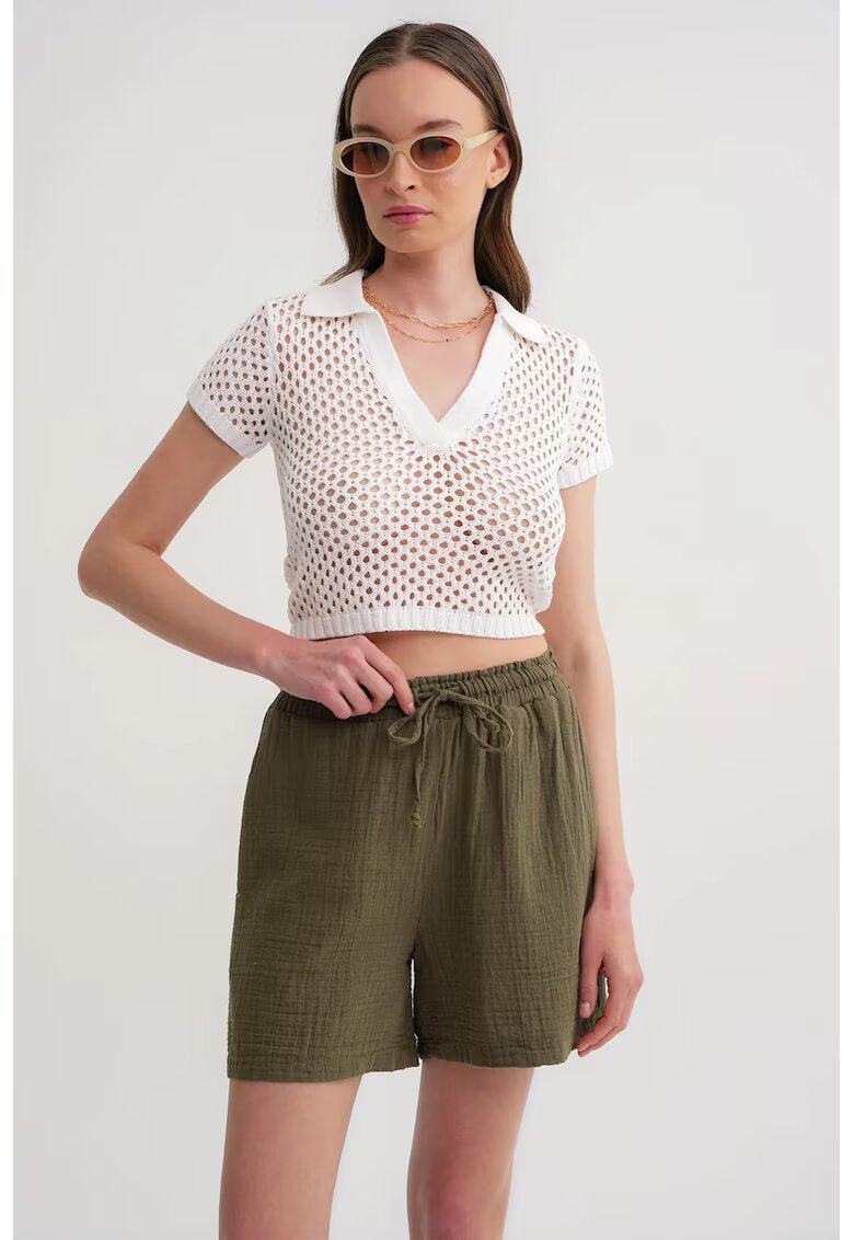 Mixray Pantaloni scurti dama - bumbac texturat - verde kaki - talie inalta