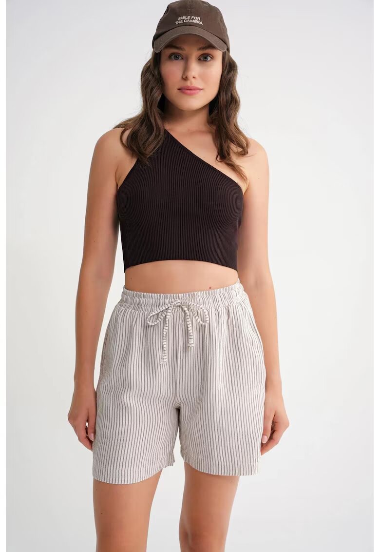 Mixray Pantaloni scurti dama - cu talie inalta - dungi - maro cafea/alb - textil