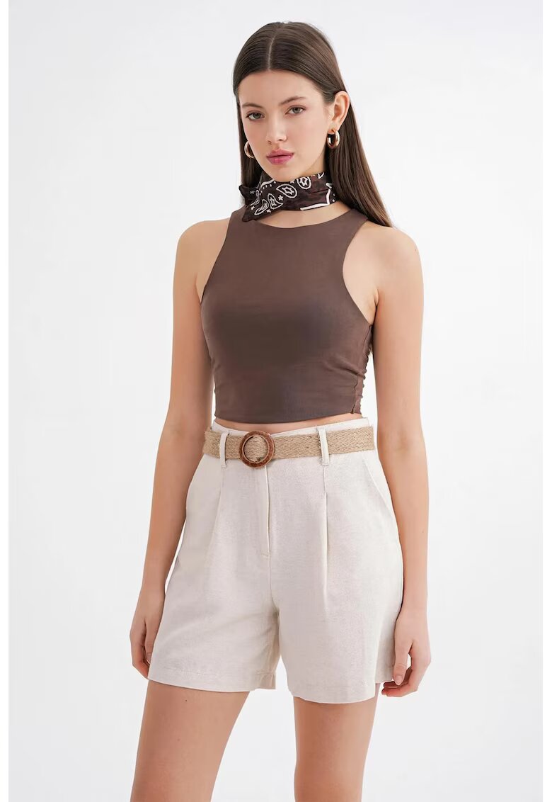 Mixray Pantaloni scurti dama - talie inalta - detaliu curea - textil bej