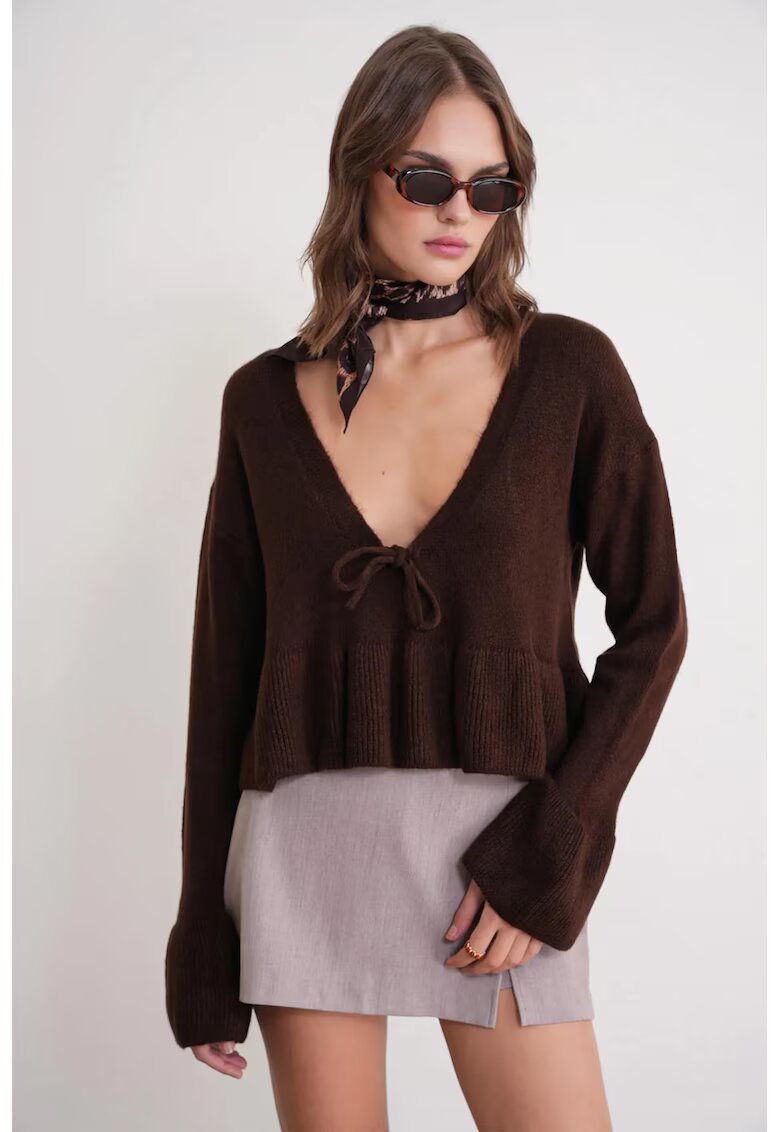 Mixray Pulover dama - Decolteu in V - Tricot - Maro inchis - One Size