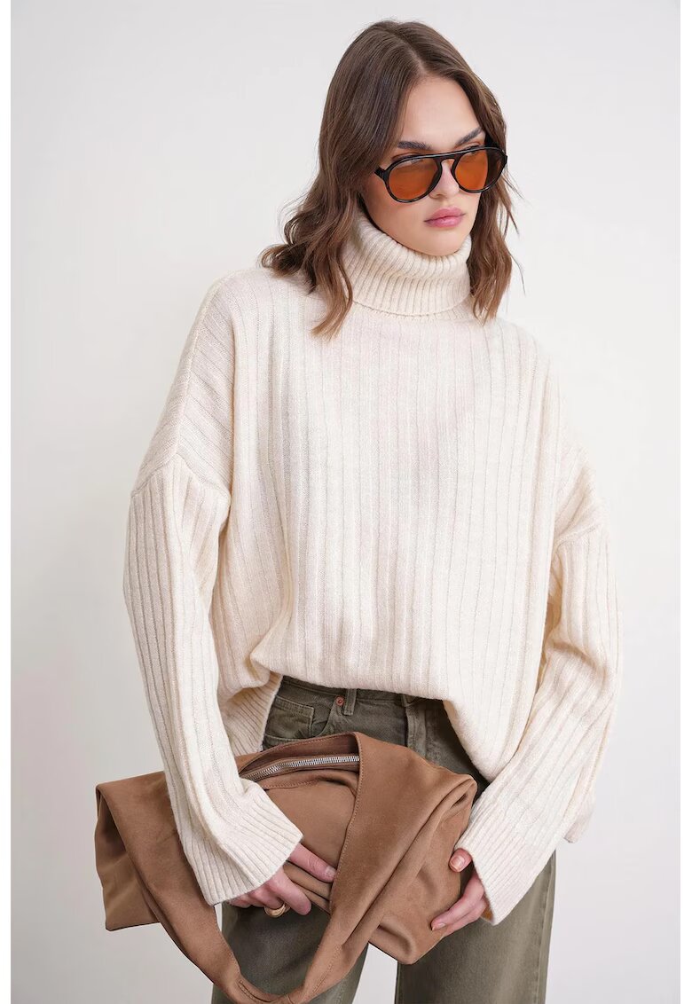 Mixray Pulover dama - oversize - guler inalt - alb - tricot - One Size
