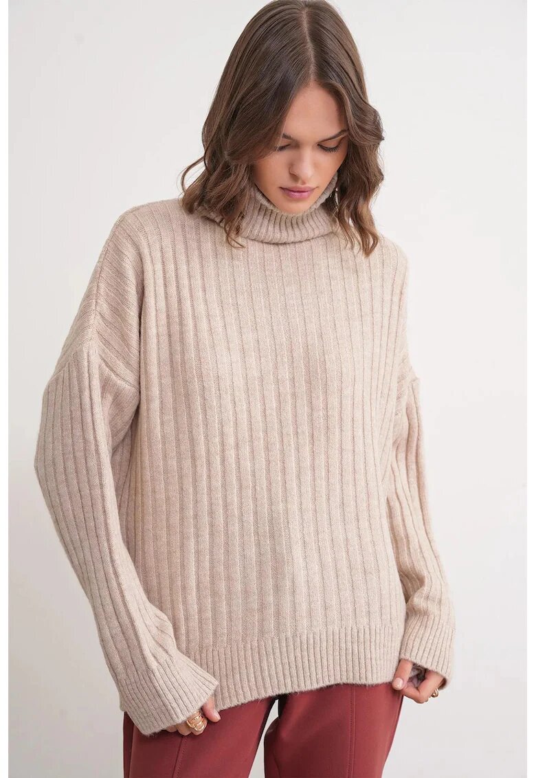 Mixray Pulover dama - oversize - guler inalt - bej natural - tricot -