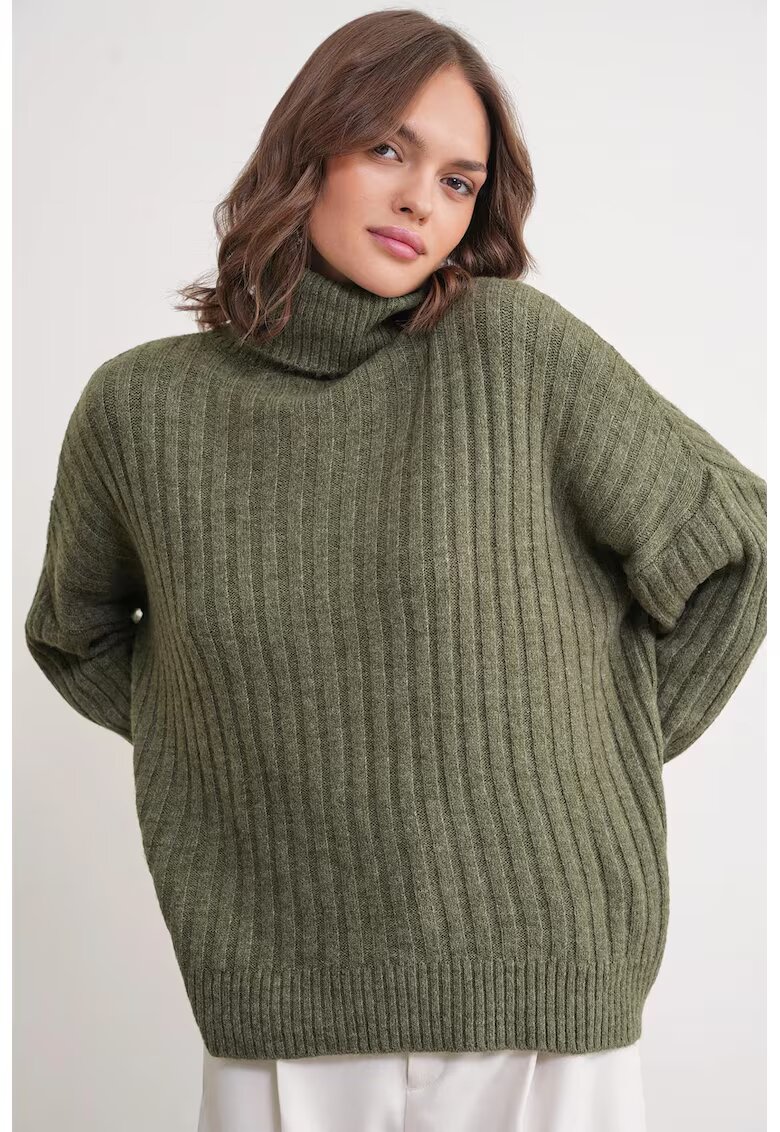 Mixray Pulover dama - oversize - guler inalt - kaki - tricot -
