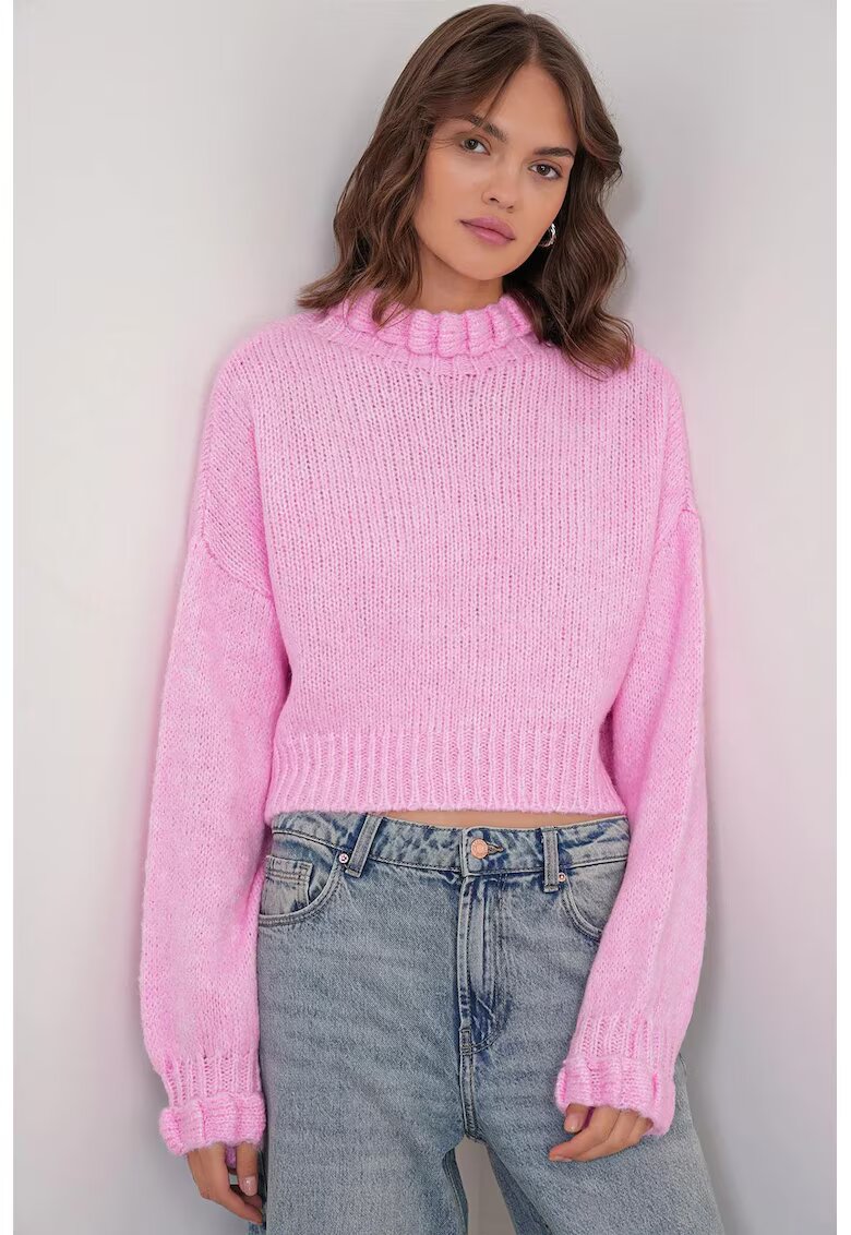 Mixray Pulover dama - scurt texturat - guler inalt - roz pudrat - tricot -