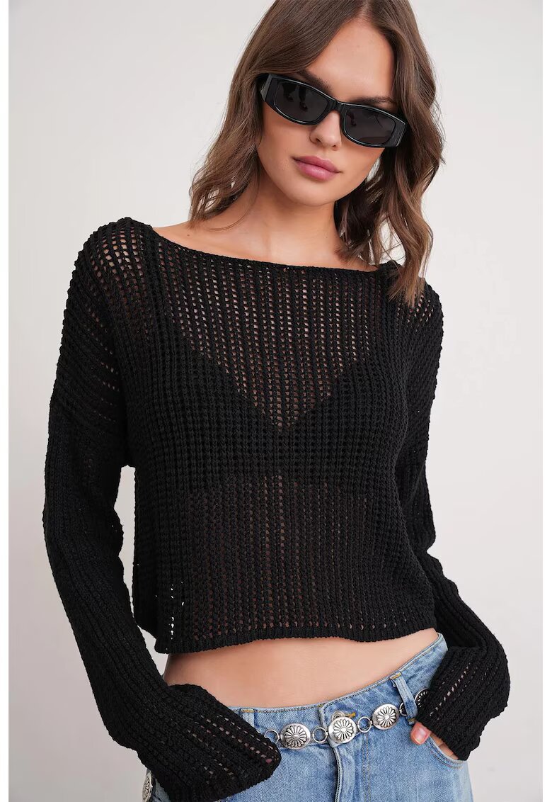 Mixray Pulover dama - top tricotat decupat - guler larg - negru - tricot - One Size