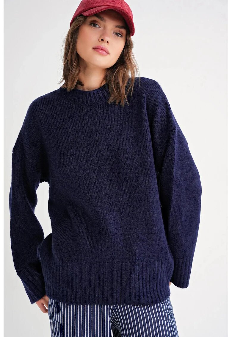 Mixray Pulover dama tricotat oversized - cu guler rotund - textil - Albastru marin -