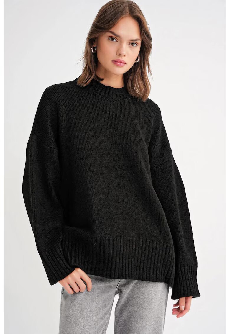 Mixray Pulover dama - tricotat - supradimensionat - guler rotund - negru - textil -
