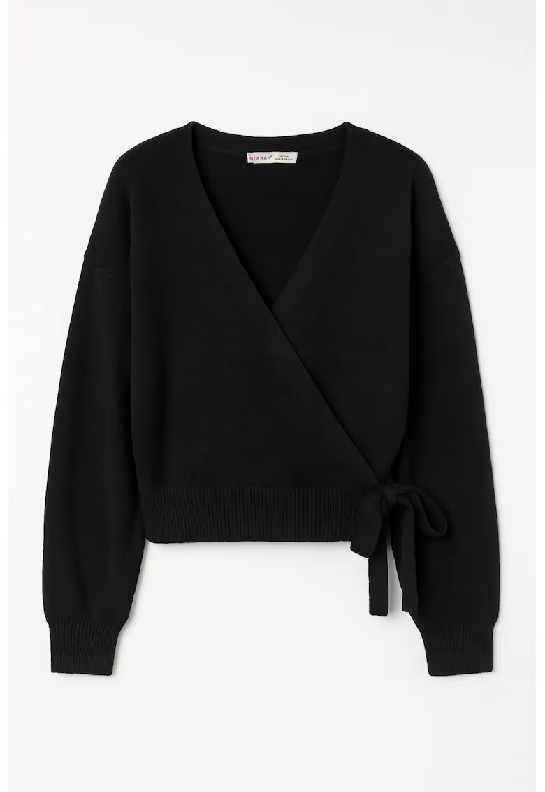 Mixray Pulover - Ribbed V-Neck cu cravata frontala - Negru - Tricot -