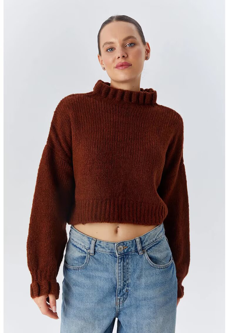 Mixray Pulover scurt - texturat - guler inalt - maro cafea - tricot - One Size