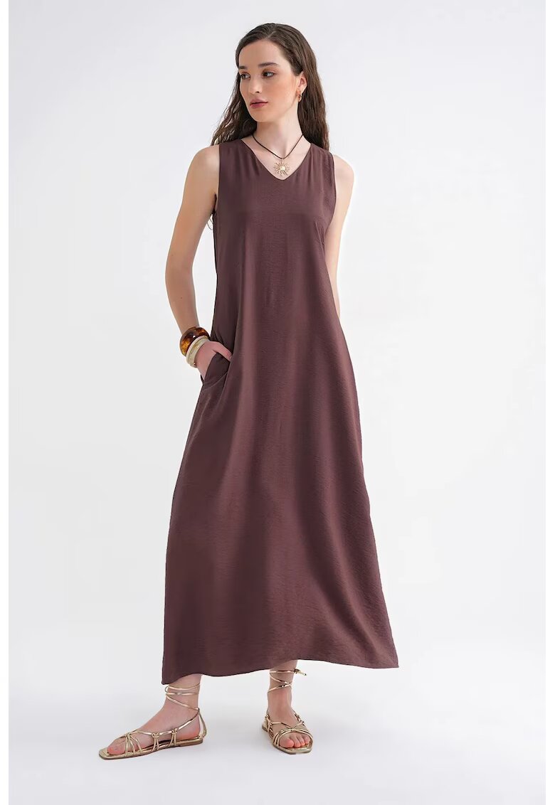 Mixray Rochie Maxi - Fara Maneci - Culoare Maro - Textil