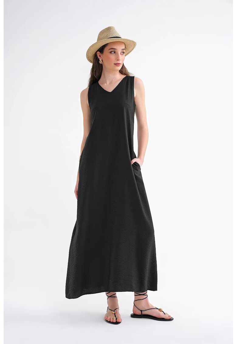 Mixray Rochie Maxi - fara maneci - decolteu in V - negru - textil