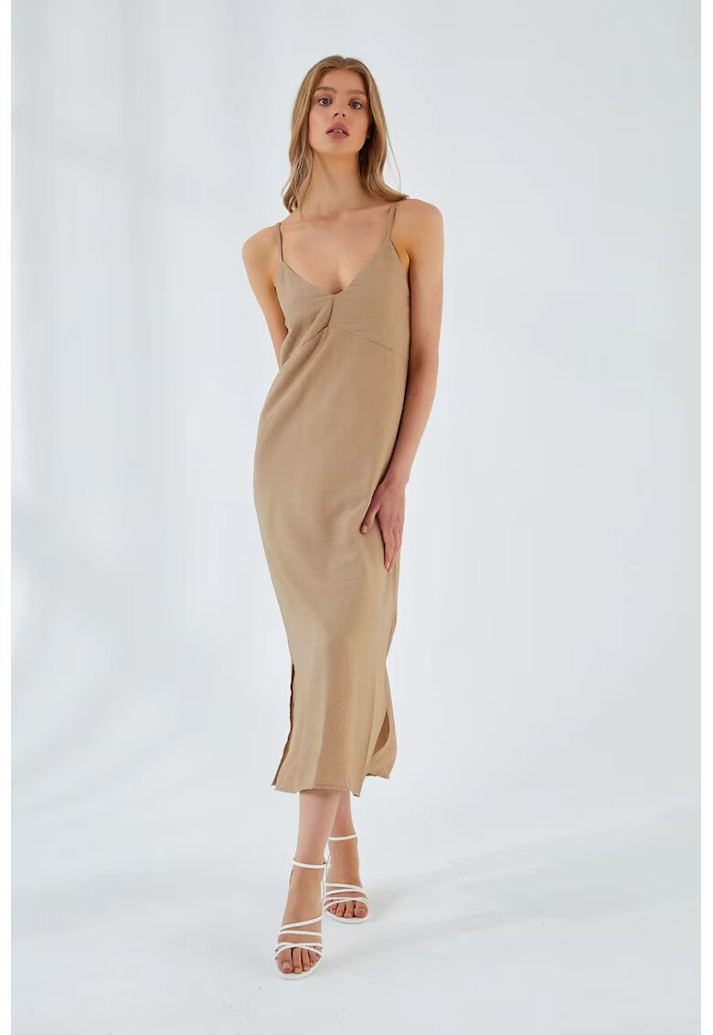 Mixray Rochie Midi - Decolteu in V - Slit - Bej Natural - Textil