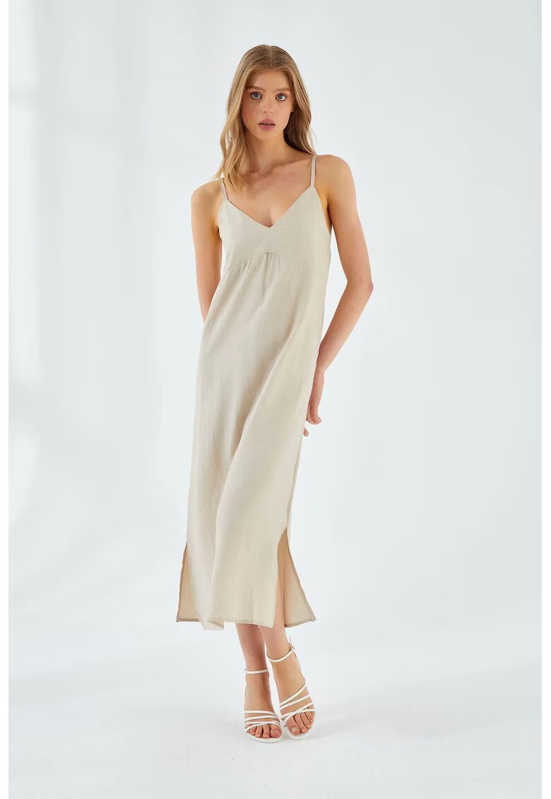 Mixray Rochie Midi - Decolteu in V - Slit - Stone Natural - Textil