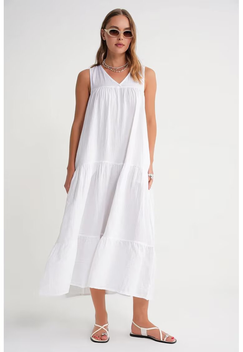 Mixray Rochie Midi - fara maneci - decolteu in V - alb - bumbac