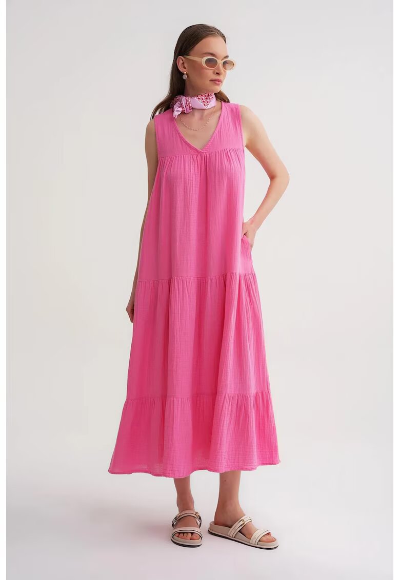 Mixray Rochie Midi - fara maneci - decolteu in V - roz aprins - bumbac