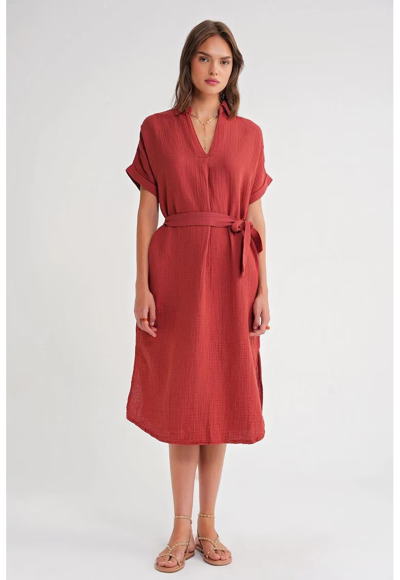 Mixray Rochie midi rosu caramiziu - cu maneca scurta - textil