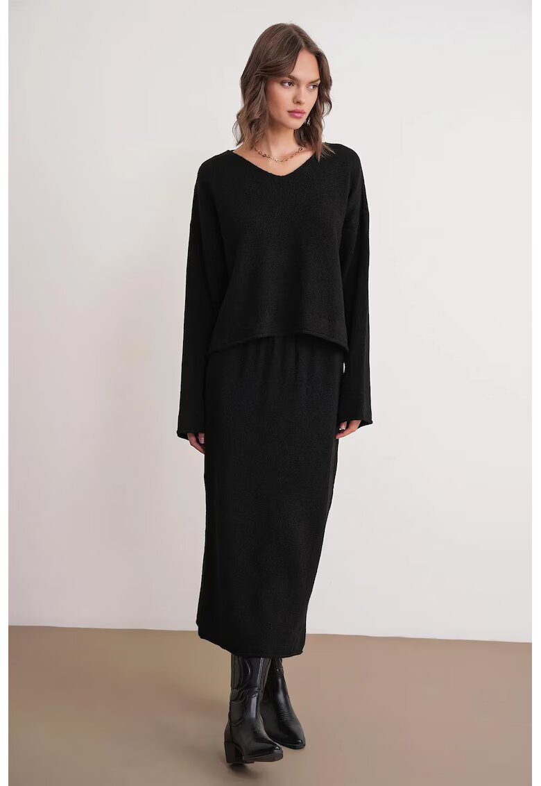 Mixray Set tricotat pulover cu decolteu in V si fusta - negru - tricot