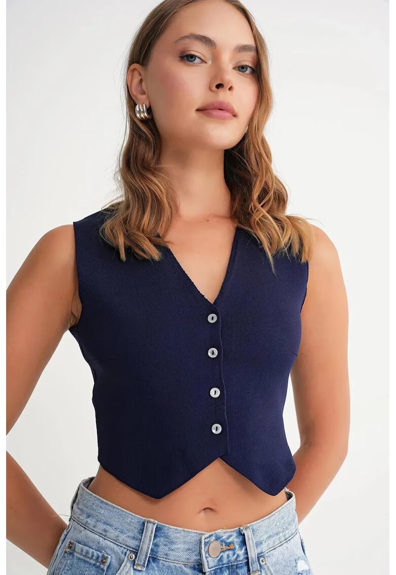 Mixray Vesta dama - Scurta - Decolteu in V - Albastru marin - Tricot -