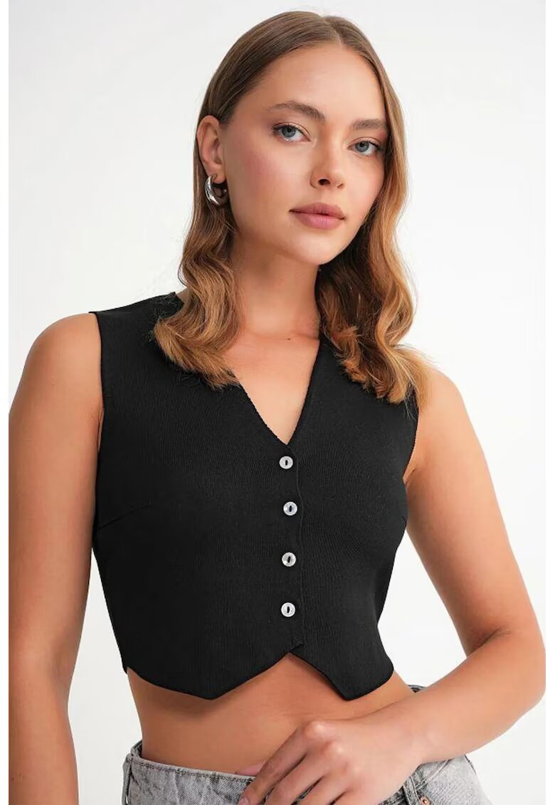 Mixray Vesta scurta - cu nasturi - decolteu in V - negru - tricot -