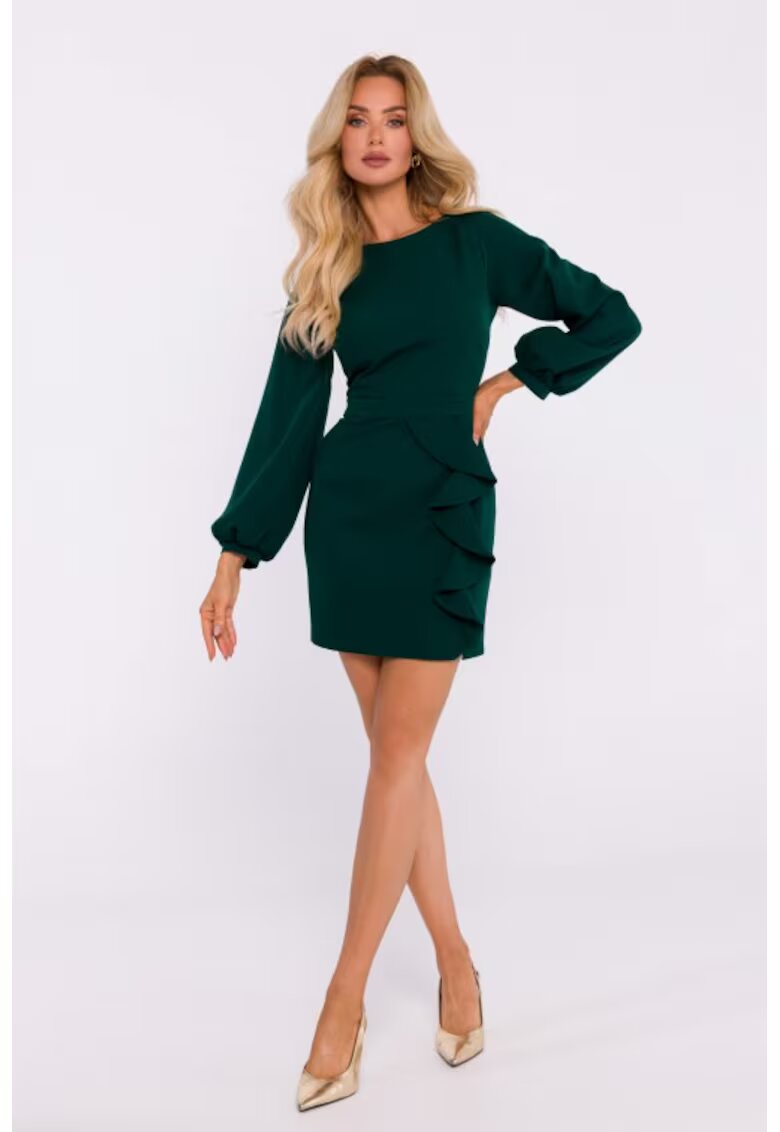 MOE Rochie cu volan si decupaj pe spate - Verde sticla