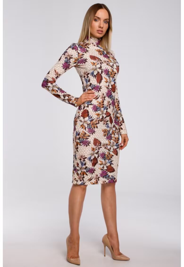 MOE Rochie midi cu maneci lungi si guler inalt - - Multicolor